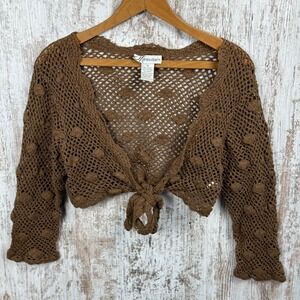 Dressbarn Coffee Brown Crochet Tie Front Shrug Cardigan Knit Cropped Sz 12